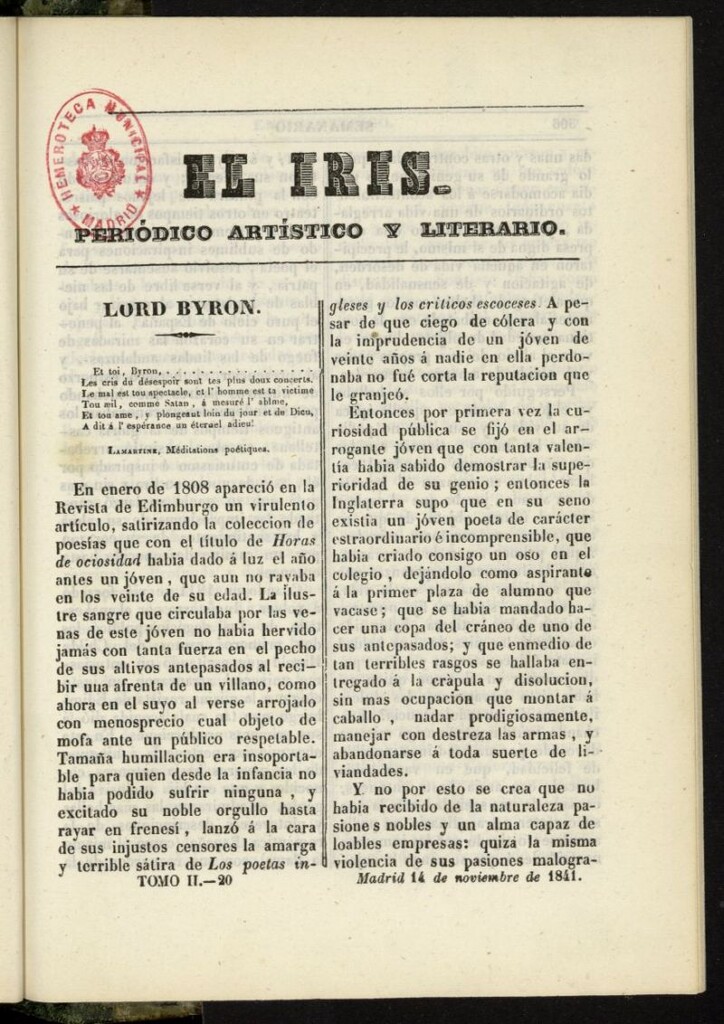 Miniatura de El Iris: semanario enciclopédico (Tomo II) del 14 de noviembre de 1841, nº 20
