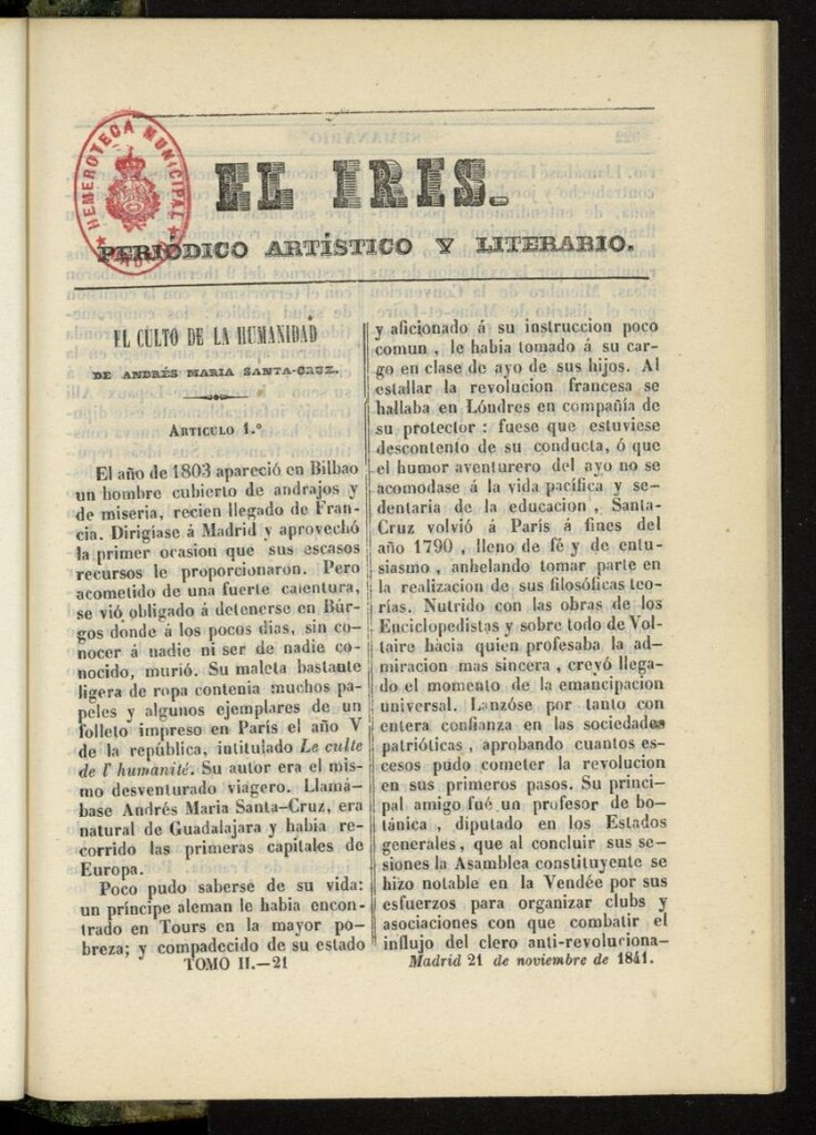 Miniatura de El Iris: semanario enciclopédico (Tomo II) del 21 de noviembre de 1841, nº 21