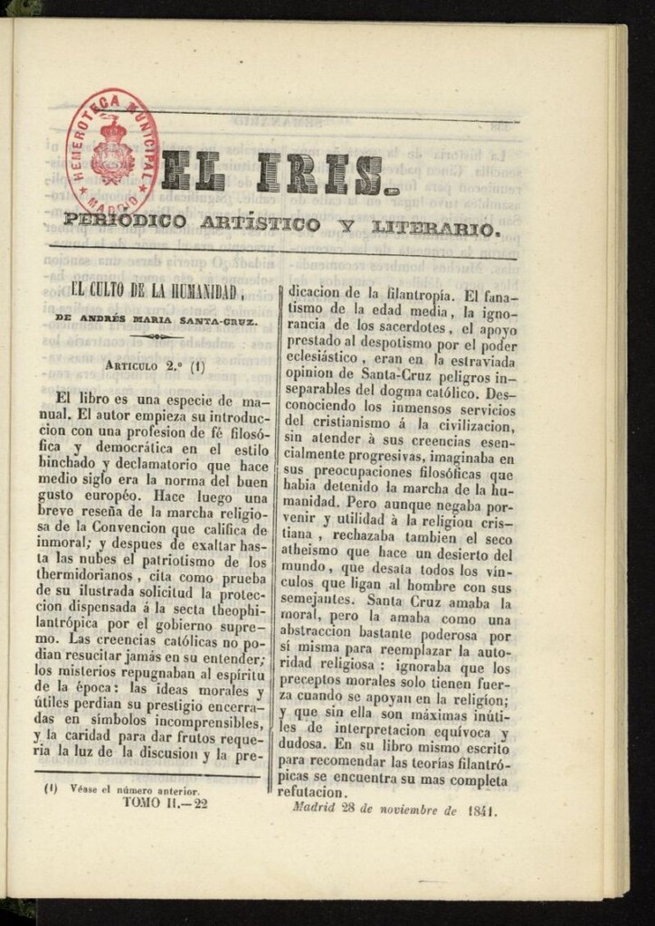 Miniatura de El Iris: semanario enciclopédico (Tomo II) del 28 de noviembre de 1841, nº 22