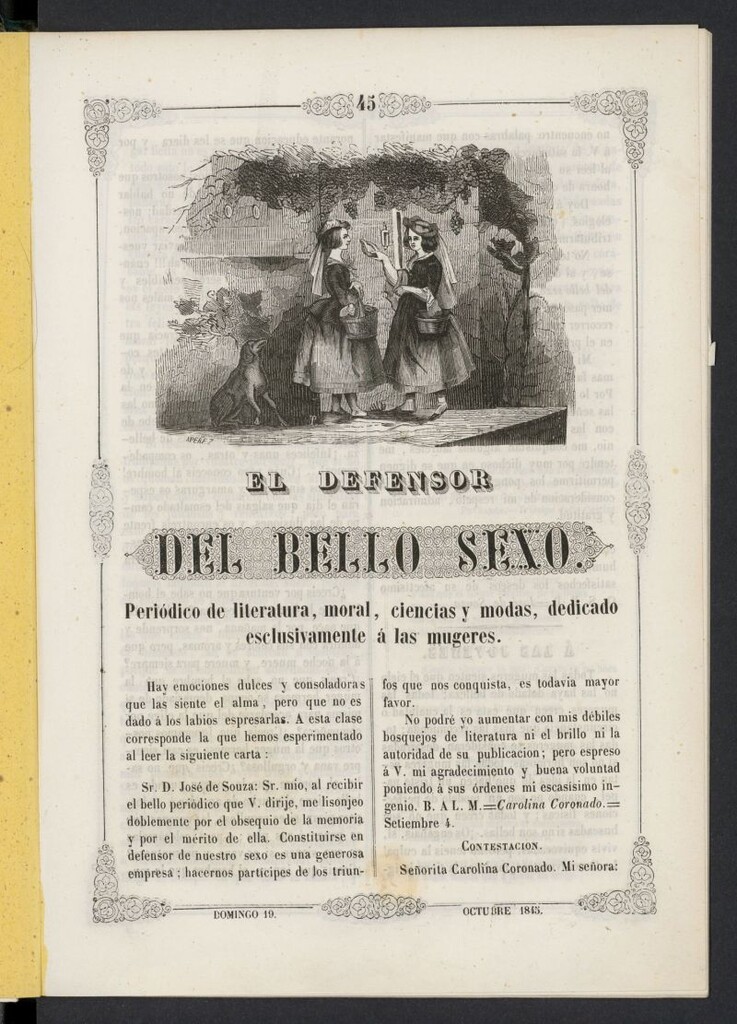 Miniatura de El Defensor del Bello Sexo del 19 de octubre de 1845