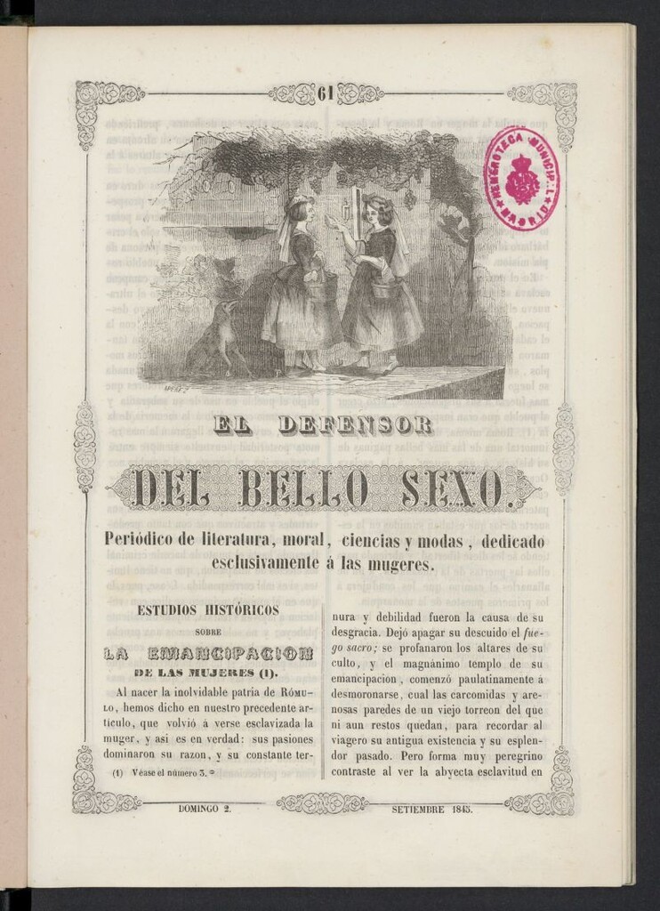 Miniatura de El Defensor del Bello Sexo del 2 de septiembre[sic] de 1845