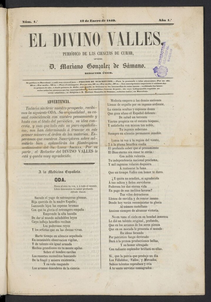 Miniatura de El Divino Vallés: periódico de medicina esclusivamente nacional del 12 de enero de 1849, nº 1