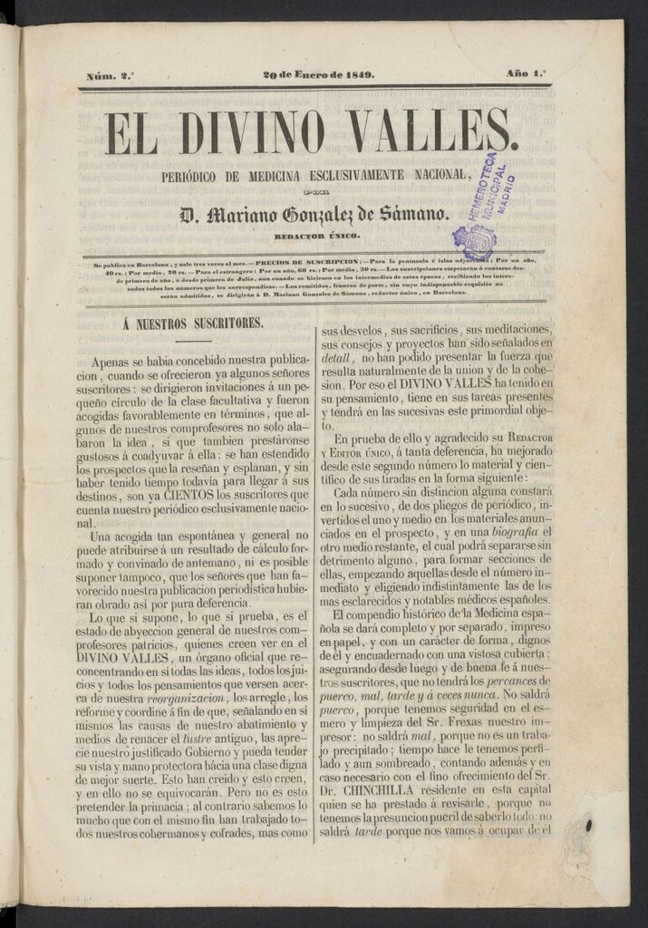 Miniatura de El Divino Vallés: periódico de medicina esclusivamente nacional del 20 de enero de 1849, nº 2