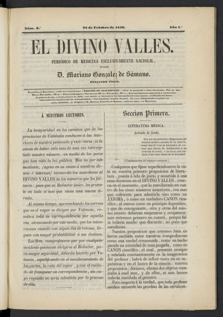 Miniatura de El Divino Vallés: periódico de medicina esclusivamente nacional del 28 de febrero de 1849, nº 6