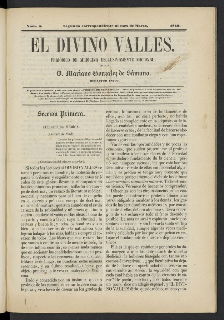 Miniatura de El Divino Vallés: periódico de medicina esclusivamente nacional 2º al mes de marzo de 1849, nº 8