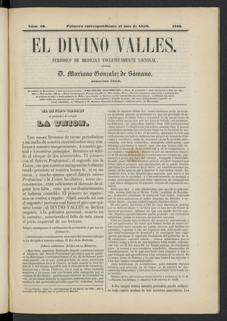 Miniatura de El Divino Vallés: periódico de medicina esclusivamente nacional 1º al mes de abril de 1849, nº 10