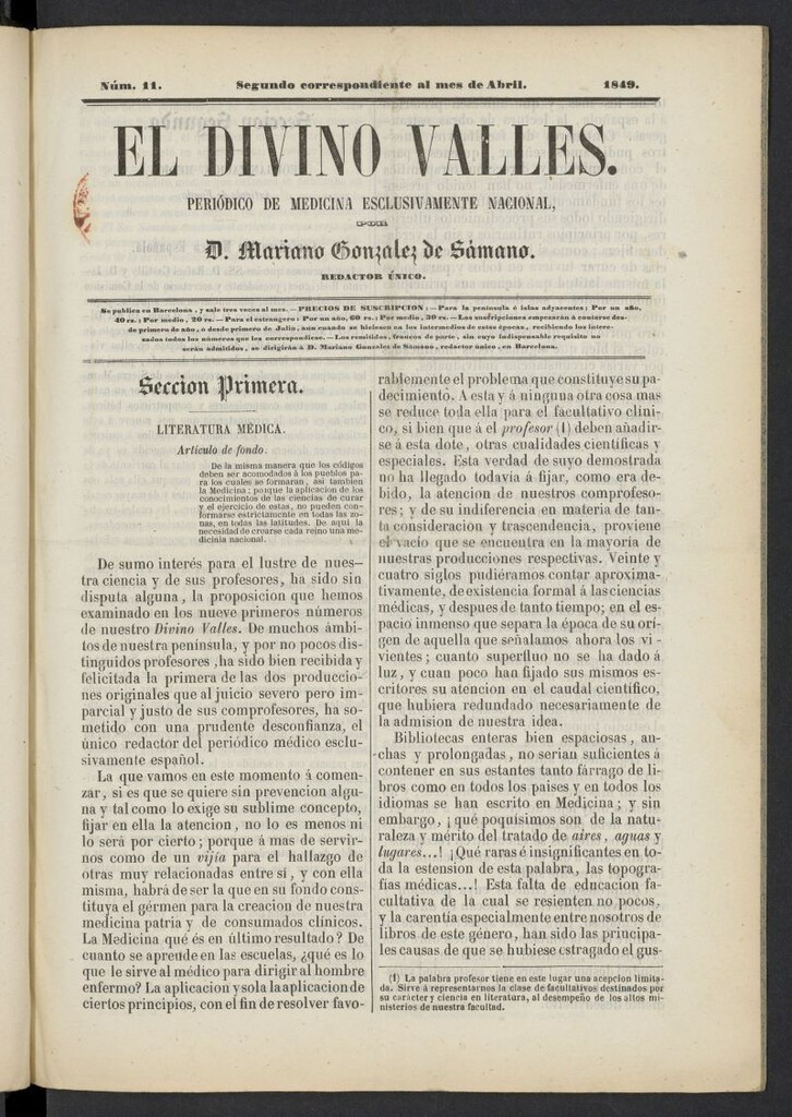Miniatura de El Divino Vallés: periódico de medicina esclusivamente nacional 2º al mes de abril de 1849, nº 11
