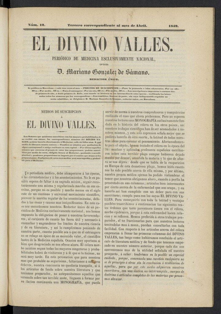 Miniatura de El Divino Vallés: periódico de medicina esclusivamente nacional 3º al mes de abril de 1849, nº 12