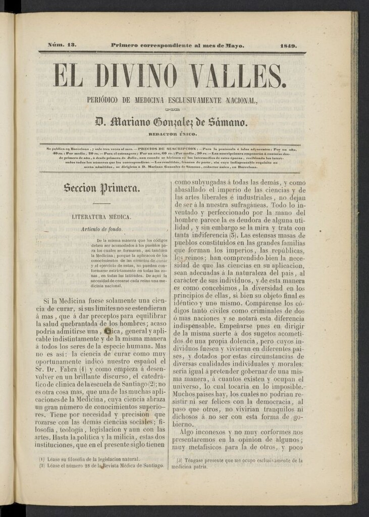 Miniatura de El Divino Vallés: periódico de medicina esclusivamente nacional 1º al mes de mayo de 1849, nº 13