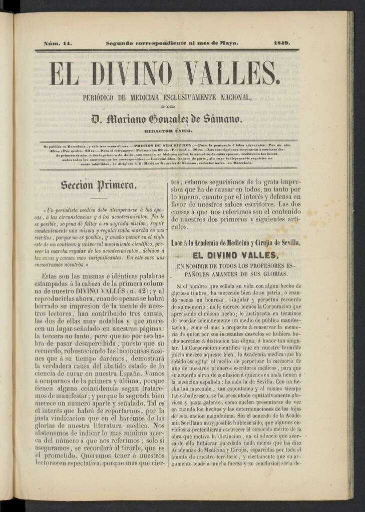 Miniatura de El Divino Vallés: periódico de medicina esclusivamente nacional 2º al mes de mayo de 1849, nº 14