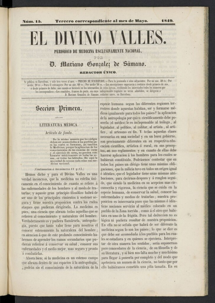 Miniatura de El Divino Vallés: periódico de medicina esclusivamente nacional 3º al mes de mayo de 1849, nº 15
