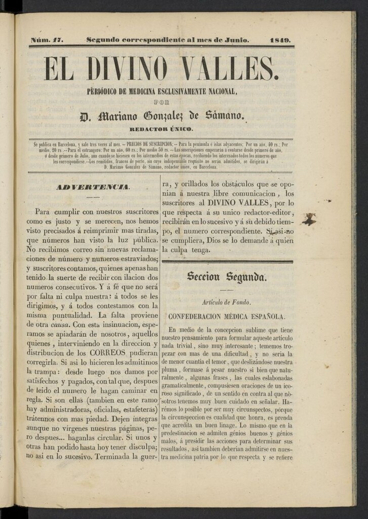 Miniatura de El Divino Vallés: periódico de medicina esclusivamente nacional 2º al mes de junio de 1849, nº 17