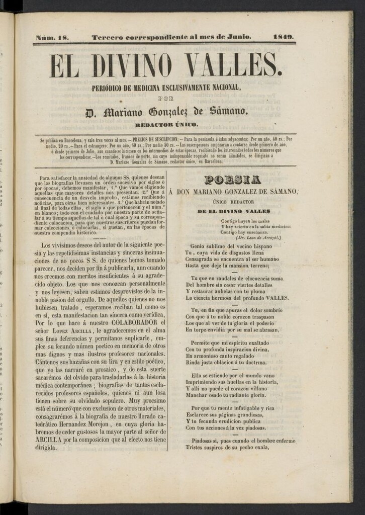 Miniatura de El Divino Vallés: periódico de medicina esclusivamente nacional 3º al mes de junio de 1849, nº 18
