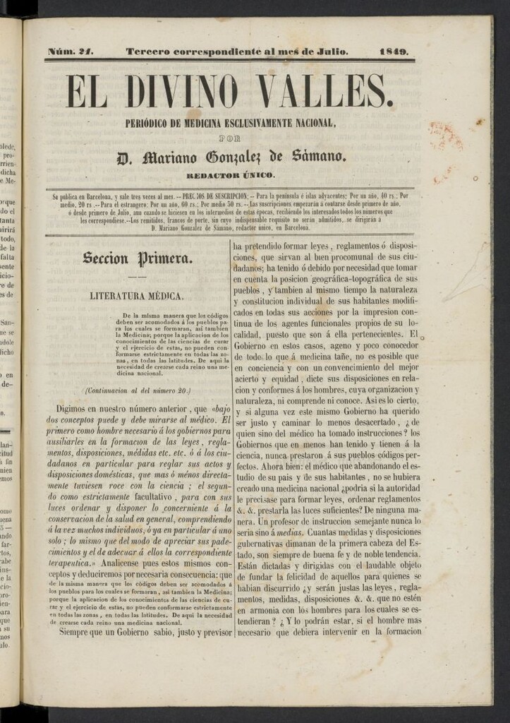 Miniatura de El Divino Vallés: periódico de medicina esclusivamente nacional 3º al mes de julio de 1849, nº 21