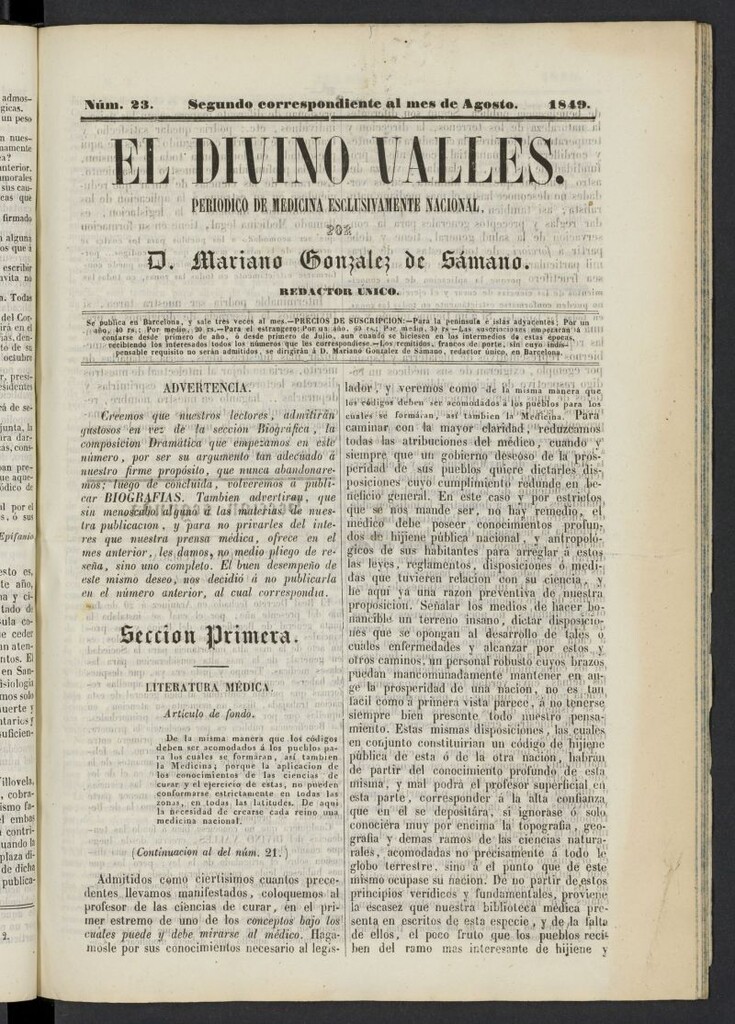Miniatura de El Divino Vallés: periódico de medicina esclusivamente nacional 2º al mes de agosto de 1849, nº 23