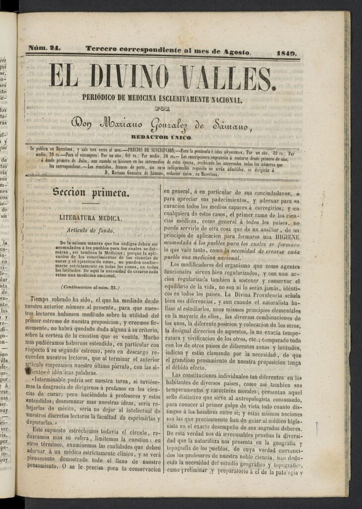 Miniatura de El Divino Vallés: periódico de medicina esclusivamente nacional 3º al mes de agosto de 1849, nº 24