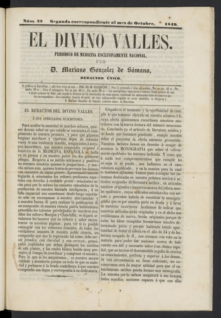 Miniatura de El Divino Vallés: periódico de medicina esclusivamente nacional 2º al mes de octubre de 1849, nº 29