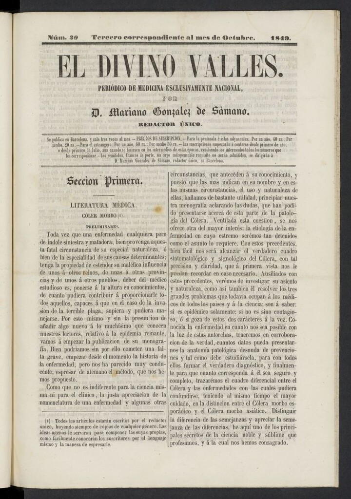 Miniatura de El Divino Vallés: periódico de medicina esclusivamente nacional 3º al mes de octubre de 1849, nº 30
