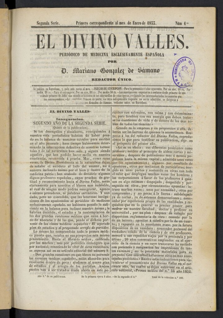 Miniatura de El Divino Vallés: periódico de medicina esclusivamente nacional 1º al mes de enero de 1853, nº 1