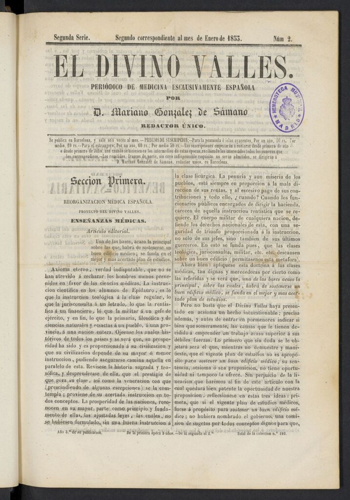 Miniatura de El Divino Vallés: periódico de medicina esclusivamente nacional 2º al mes de enero de 1853, nº 2