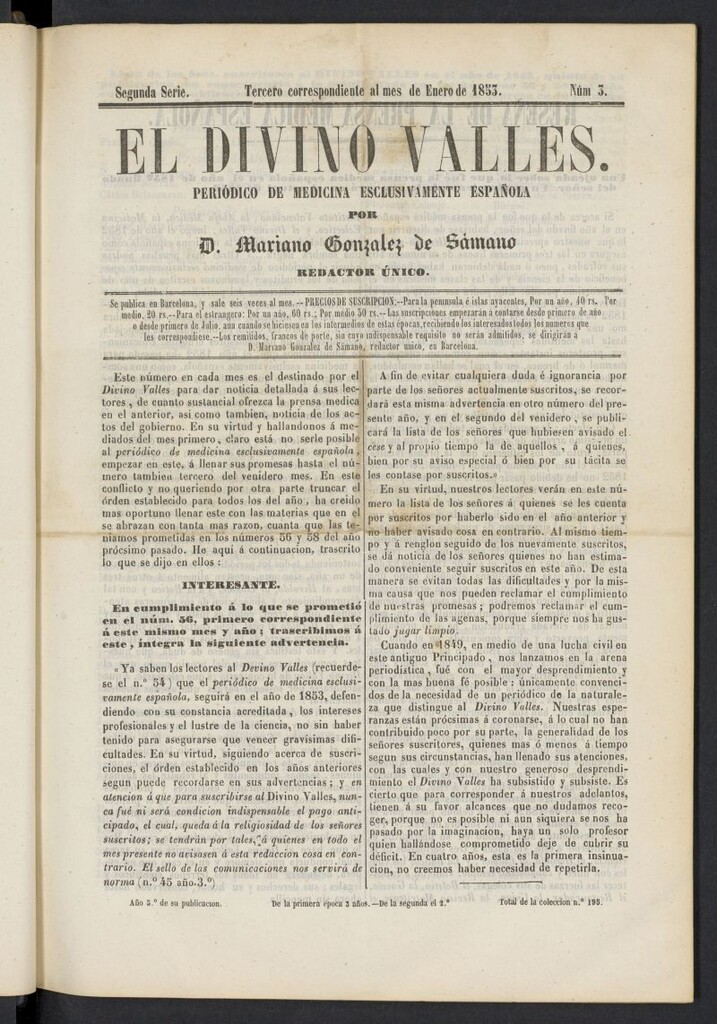 Miniatura de El Divino Vallés: periódico de medicina esclusivamente nacional 3º al mes de enero de 1853, nº 3