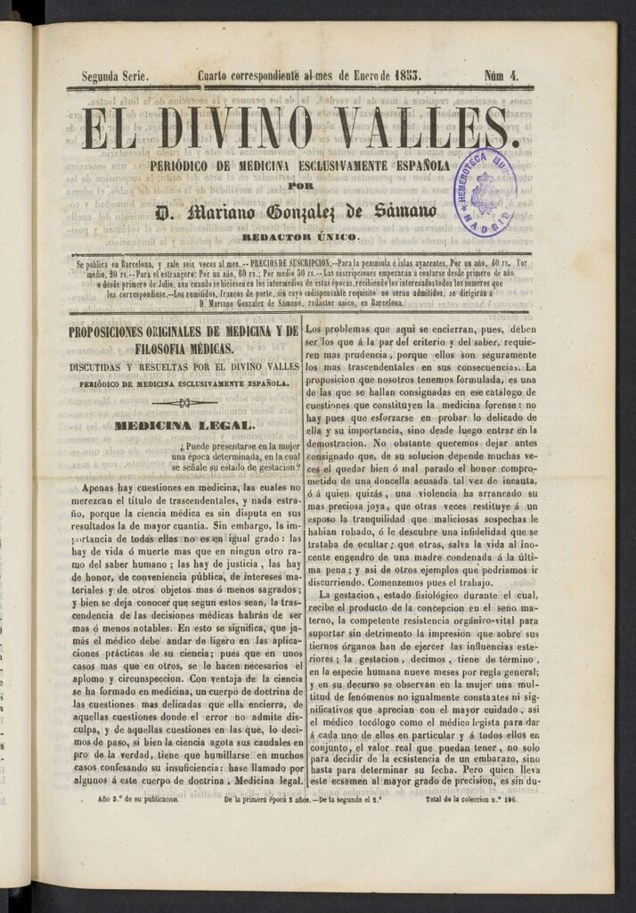 Miniatura de El Divino Vallés: periódico de medicina esclusivamente nacional 4º al mes de enero de 1853, nº 4