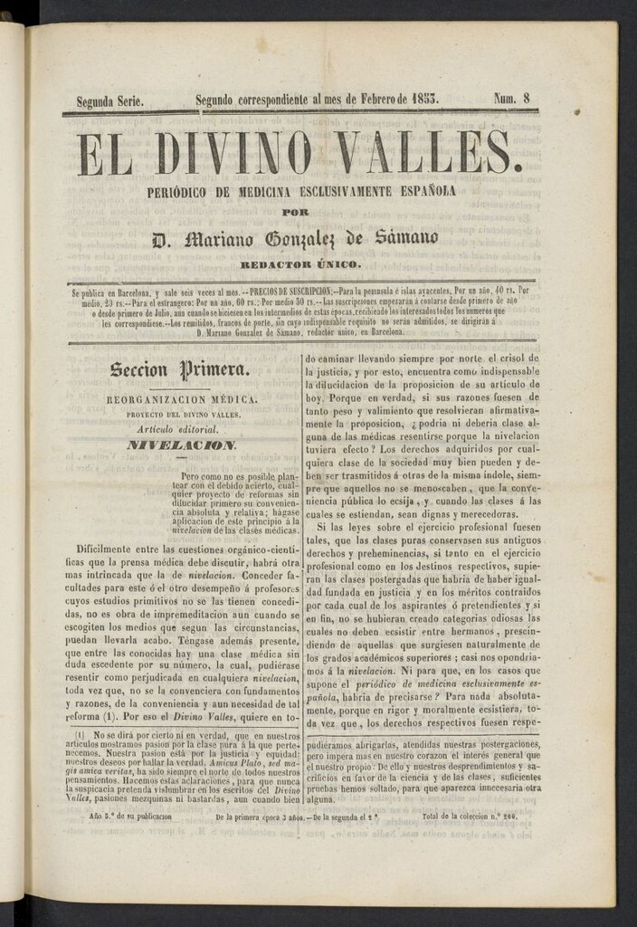 Miniatura de El Divino Vallés: periódico de medicina esclusivamente nacional 2º al mes de febrero de 1853, nº 8