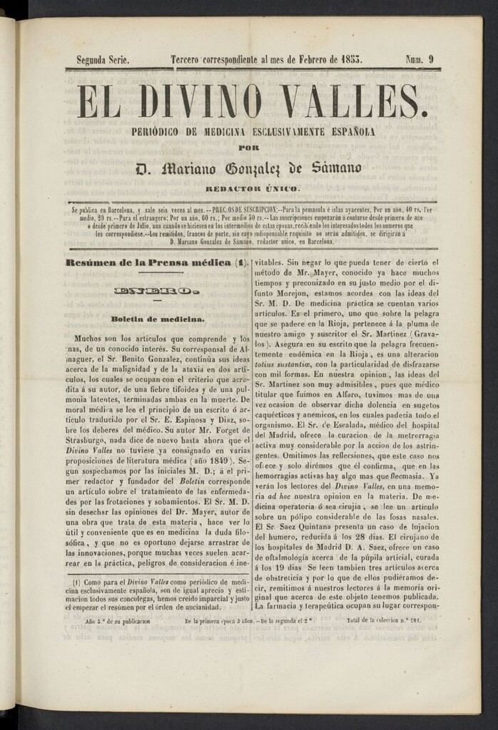 Miniatura de El Divino Vallés: periódico de medicina esclusivamente nacional 3º al mes de febrero de 1853, nº 9