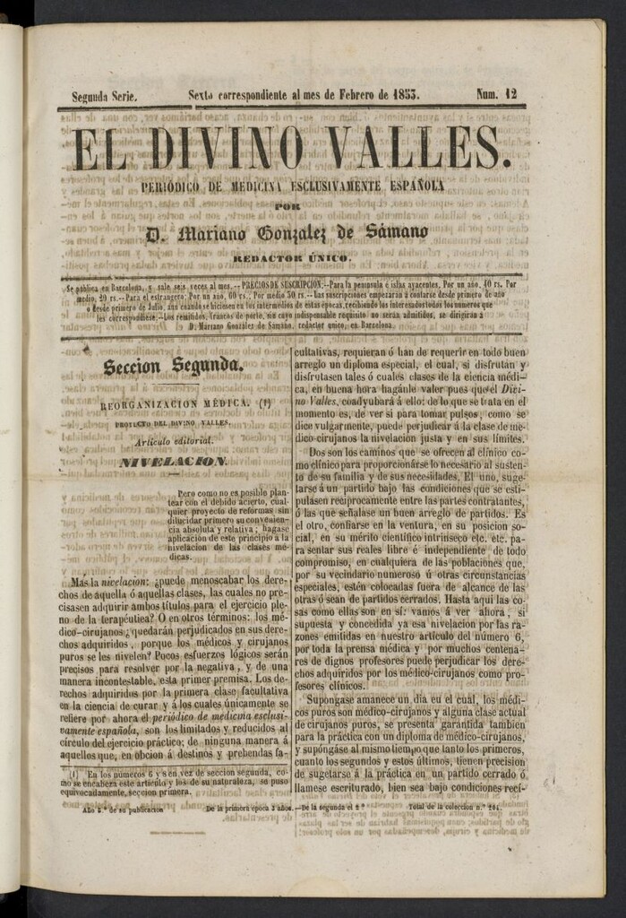 Miniatura de El Divino Vallés: periódico de medicina esclusivamente nacional 6º al mes de febrero de 1853, nº 12