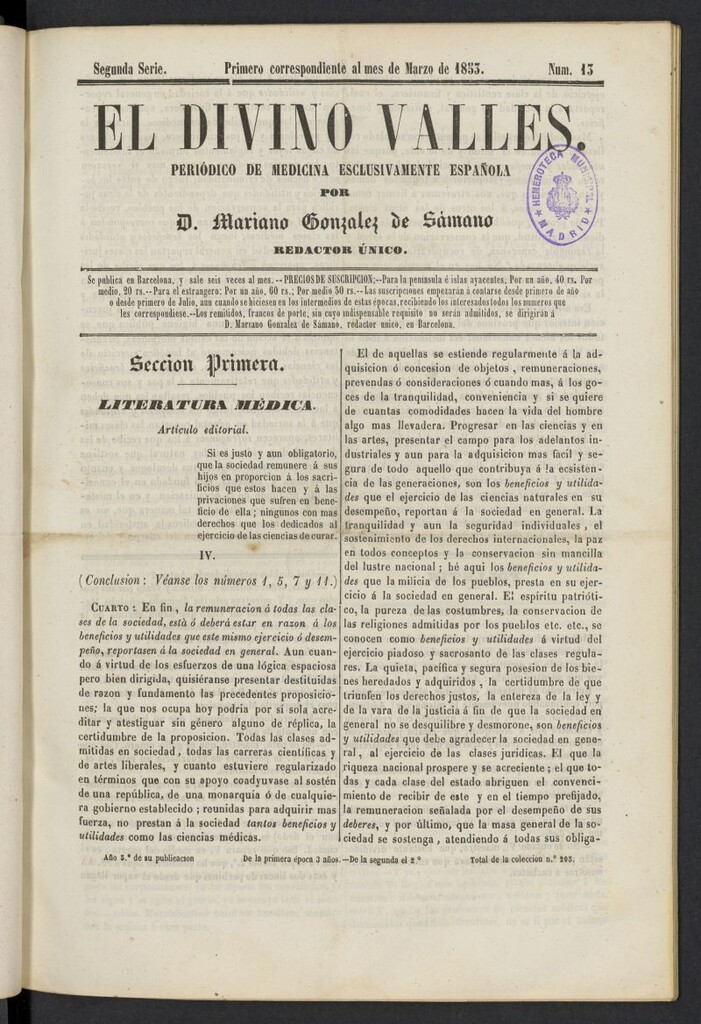Miniatura de El Divino Vallés: periódico de medicina esclusivamente nacional 1º al mes de marzo de 1853, nº 13