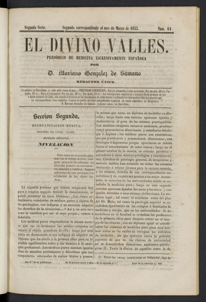 Miniatura de El Divino Vallés: periódico de medicina esclusivamente nacional 2º al mes de marzo de 1853, nº 14