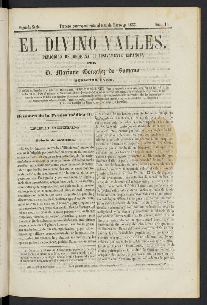 Miniatura de El Divino Vallés: periódico de medicina esclusivamente nacional 3º al mes de marzo de 1853, nº 15