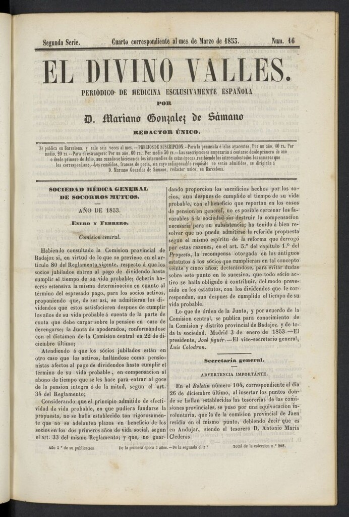 Miniatura de El Divino Vallés: periódico de medicina esclusivamente nacional 4º al mes de marzo de 1853, nº 16