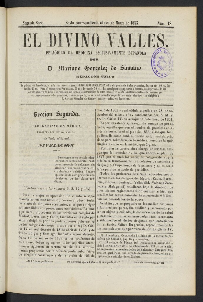 Miniatura de El Divino Vallés: periódico de medicina esclusivamente nacional 6º al mes de marzo de 1853, nº 18