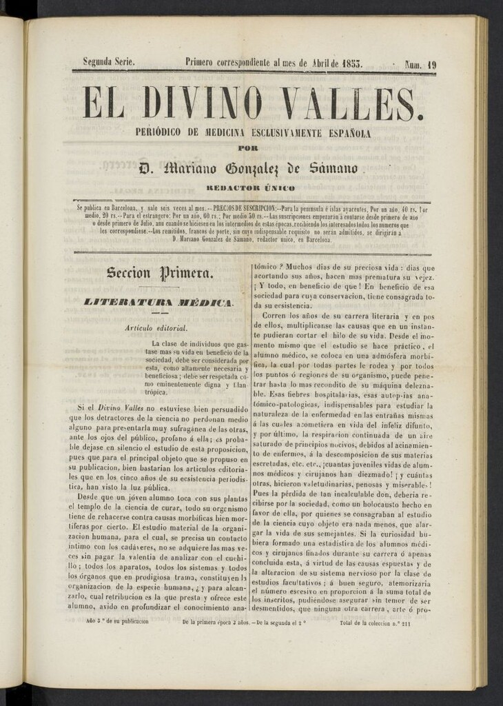 Miniatura de El Divino Vallés: periódico de medicina esclusivamente nacional 1º al mes de abril de 1853, nº 19