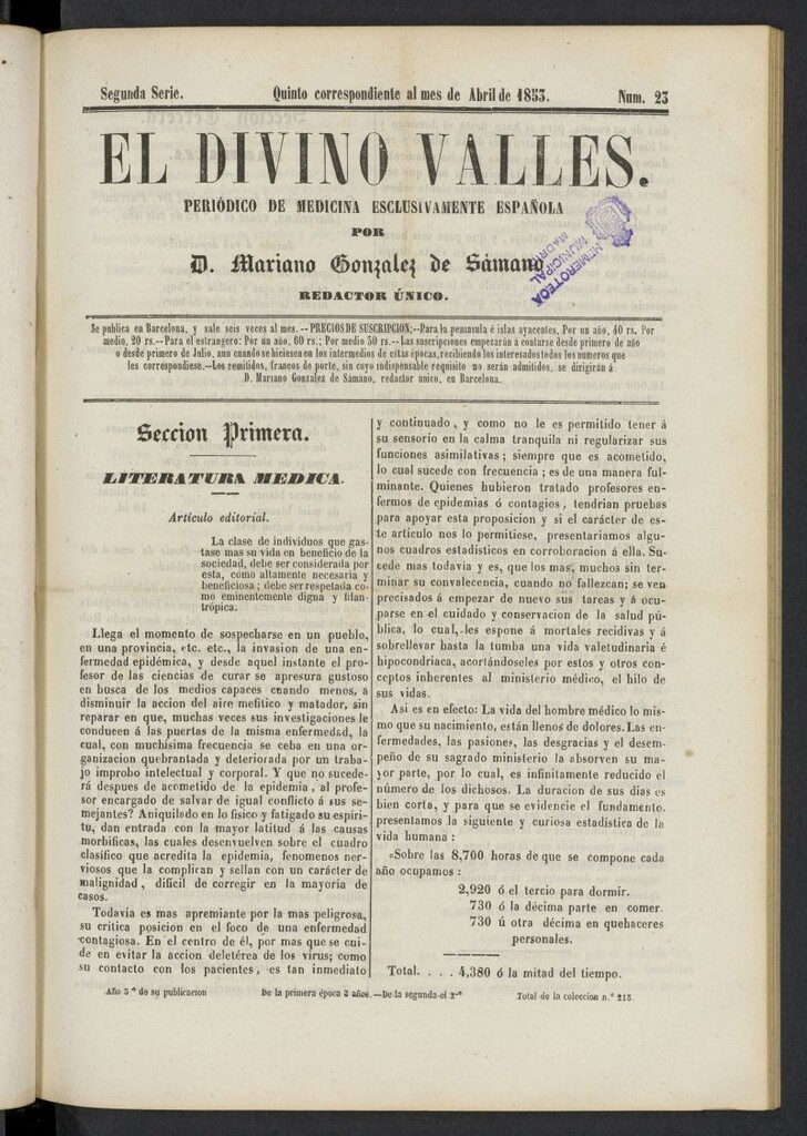 Miniatura de El Divino Vallés: periódico de medicina esclusivamente nacional 5º al mes de abril de 1853, nº 23