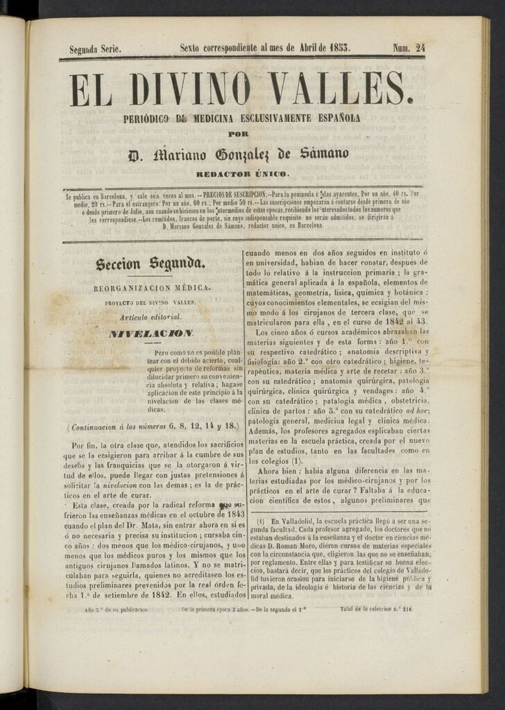 Miniatura de El Divino Vallés: periódico de medicina esclusivamente nacional 6º al mes de abril de 1853, nº 24