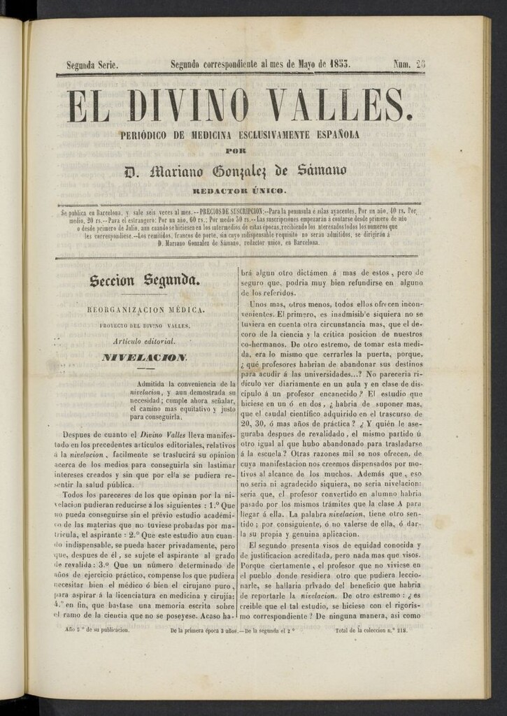 Miniatura de El Divino Vallés: periódico de medicina esclusivamente nacional 2º al mes de mayo de 1853, nº 26