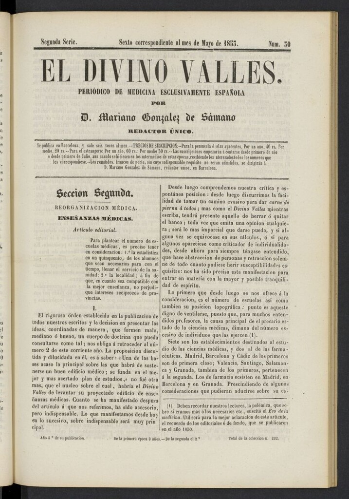Miniatura de El Divino Vallés: periódico de medicina esclusivamente nacional 6º al mes de mayo de 1853, nº 30