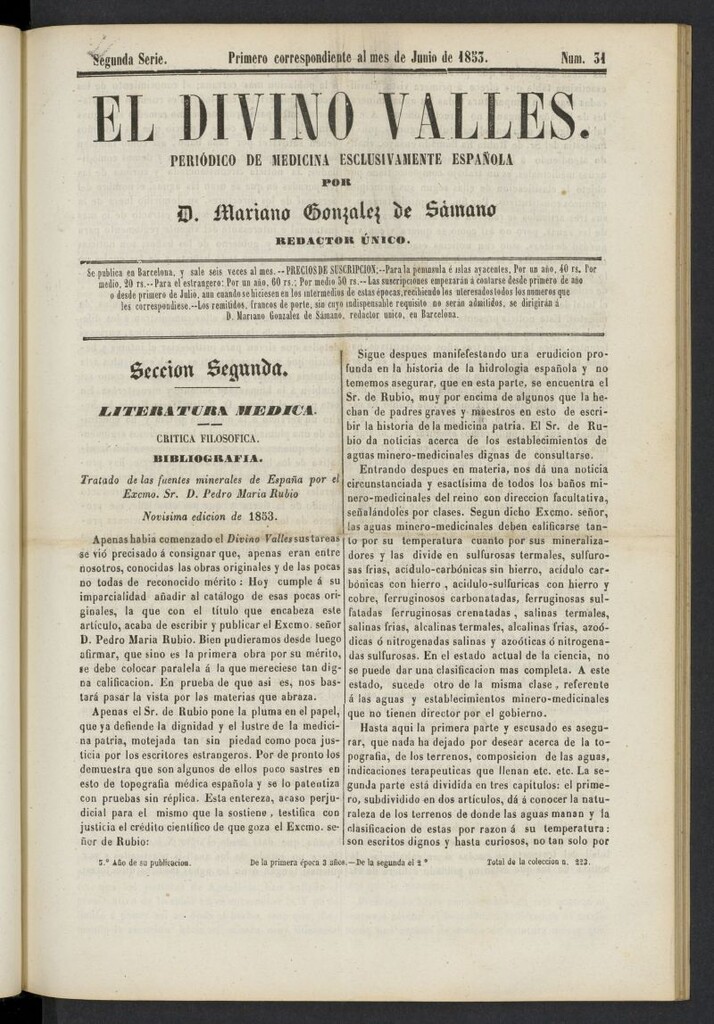 Miniatura de El Divino Vallés: periódico de medicina esclusivamente nacional 1º al mes de junio de 1853, nº 31