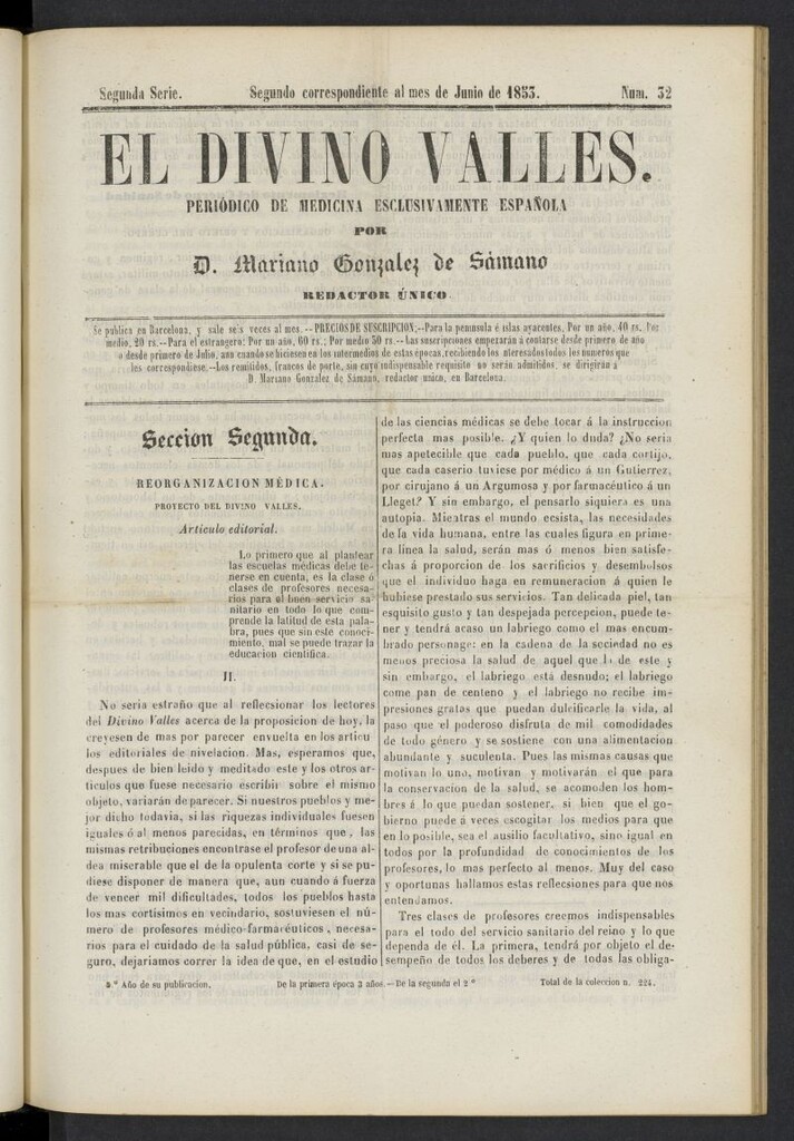 Miniatura de El Divino Vallés: periódico de medicina esclusivamente nacional 2º al mes de junio de 1853, nº 32