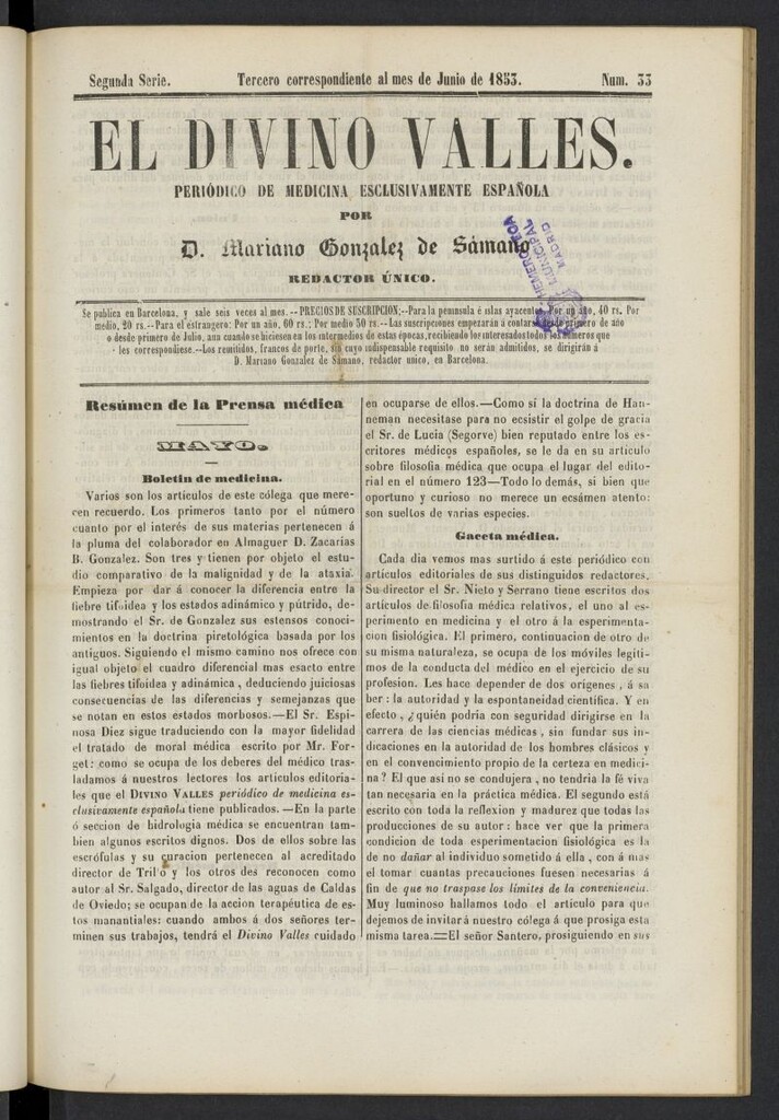 Miniatura de El Divino Vallés: periódico de medicina esclusivamente nacional 3º al mes de junio de 1853, nº 33