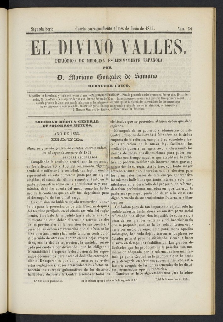 Miniatura de El Divino Vallés: periódico de medicina esclusivamente nacional 4º al mes de junio de 1853, nº 34