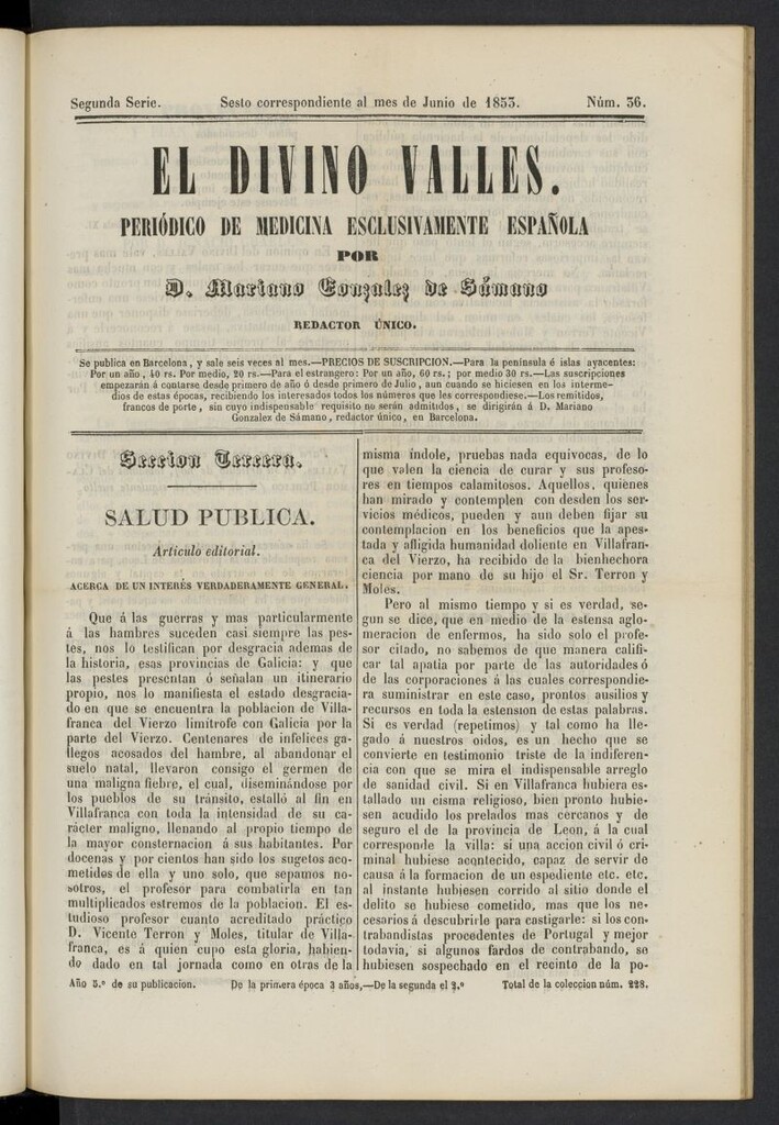 Miniatura de El Divino Vallés: periódico de medicina esclusivamente nacional 6º al mes de junio de 1853, nº 36