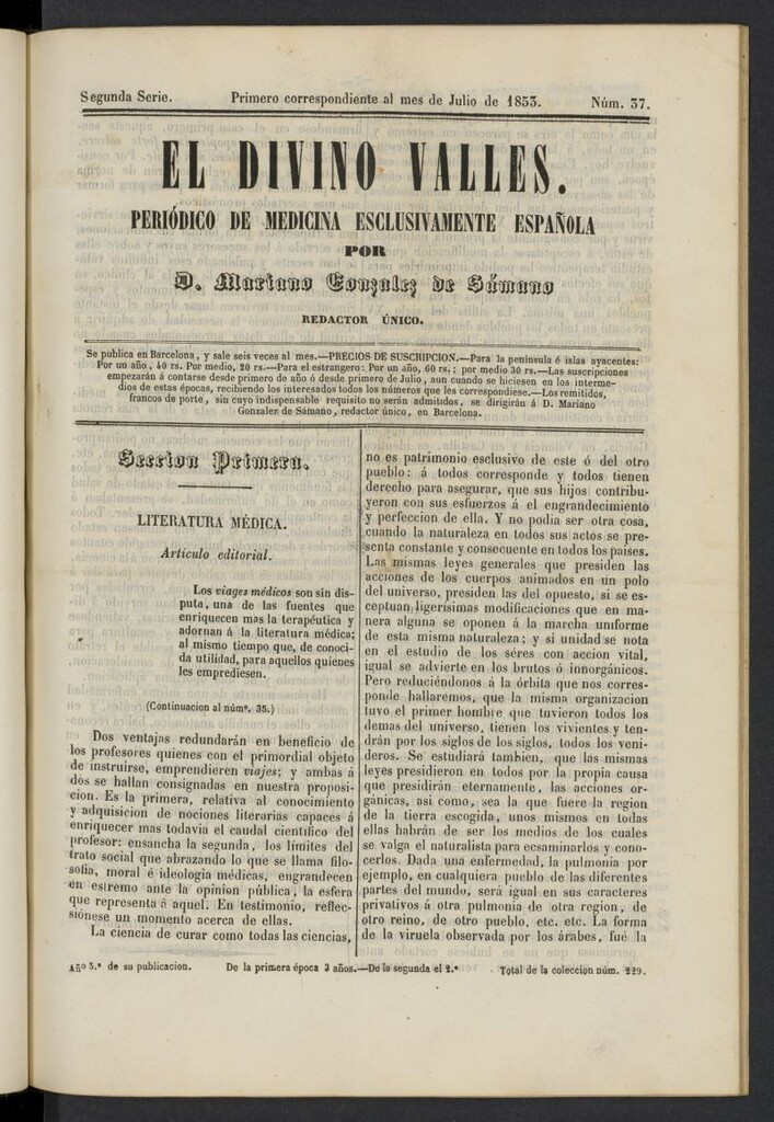 Miniatura de El Divino Vallés: periódico de medicina esclusivamente nacional 1º al mes de julio de 1853, nº 37