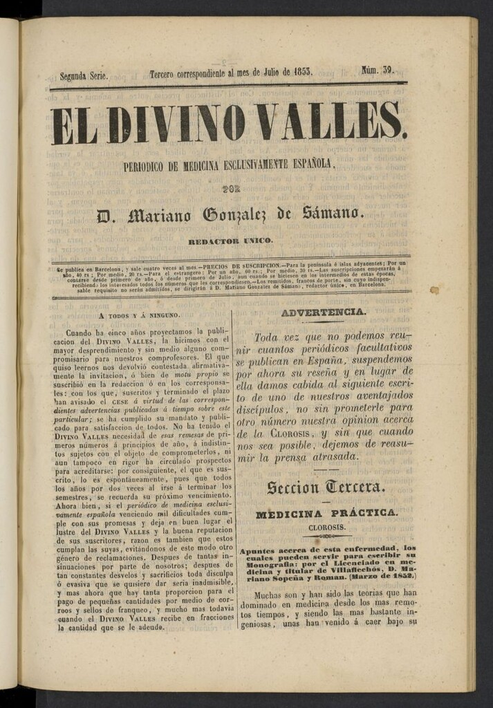 Miniatura de El Divino Vallés: periódico de medicina esclusivamente nacional 3º al mes de julio de 1853, nº 39