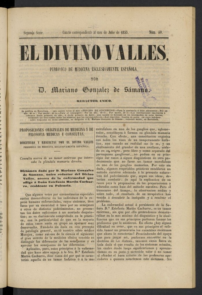 Miniatura de El Divino Vallés: periódico de medicina esclusivamente nacional 4º al mes de julio de 1853, nº 40