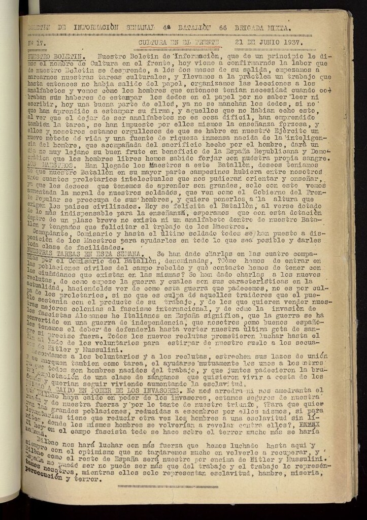 Miniatura de Cultura en el Frente: boletín de información semanal del 21 de junio de 1937