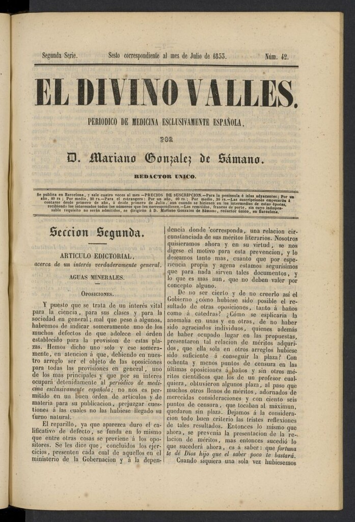 Miniatura de El Divino Vallés: periódico de medicina esclusivamente nacional 6º al mes de julio de 1853, nº 42