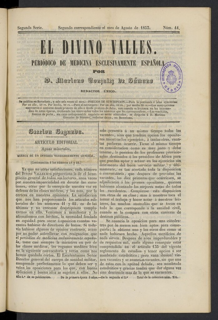 Miniatura de El Divino Vallés: periódico de medicina esclusivamente nacional 2º al mes de agosto de 1853, nº 44
